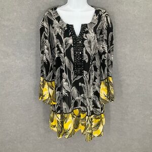 Catherines 2X Tunic Top Black White Yellow Palm Leaf Print Embellished‎ Flowy
